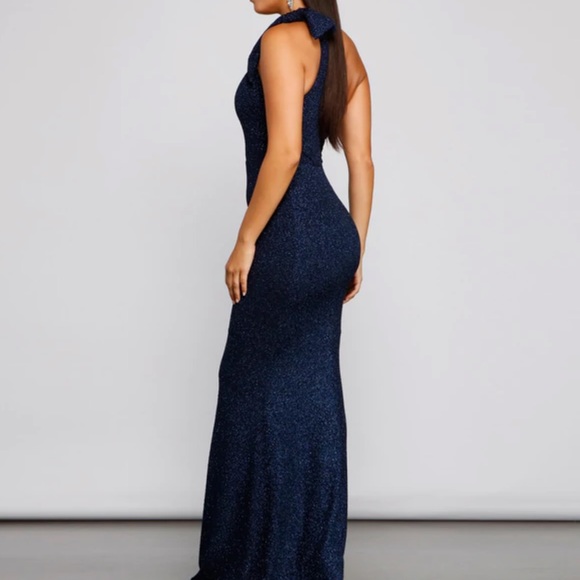One Shoulder Navy Blue Glittery Gown - Picture 2 of 4
